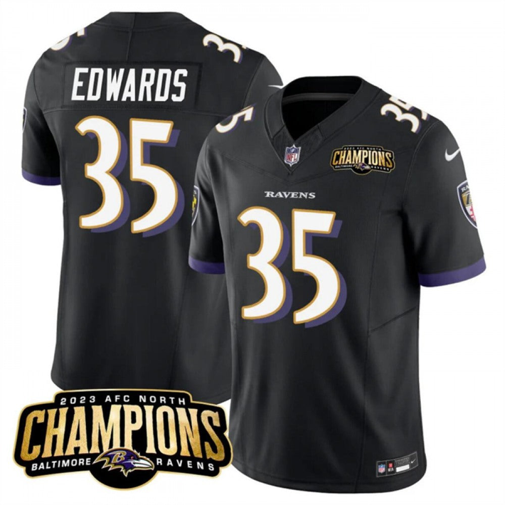 Men's Baltimore Ravens #35 Gus Edwards Black 2023 F.U.S.E. AFC North Champions Vapor Limited Football Jersey 