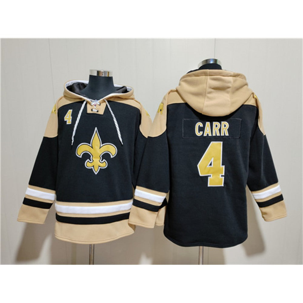 Men's New Orleans Saints #4 Derek Carr Black Ageless Must-Have Lace-Up Pullover Hoodie 