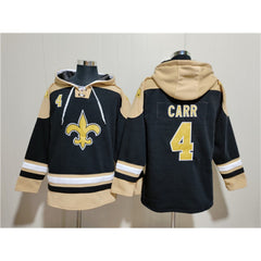 Men's New Orleans Saints #4 Derek Carr Black Ageless Must-Have Lace-Up Pullover Hoodie 