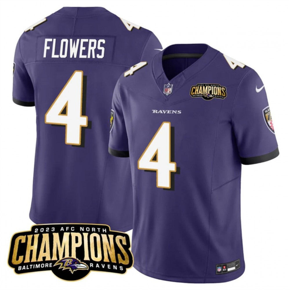 Men's Baltimore Ravens #4 Zay Flowers Purple 2023 F.U.S.E. AFC North Champions Vapor Limited Football Jersey 