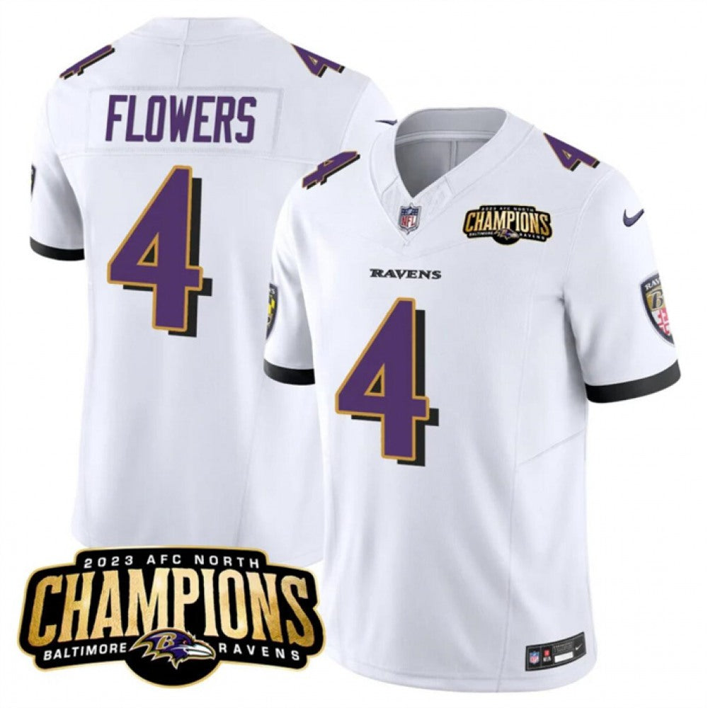 Men's Baltimore Ravens #4 Zay Flowers White 2023 F.U.S.E. AFC North Champions Vapor Limited Football Jersey 