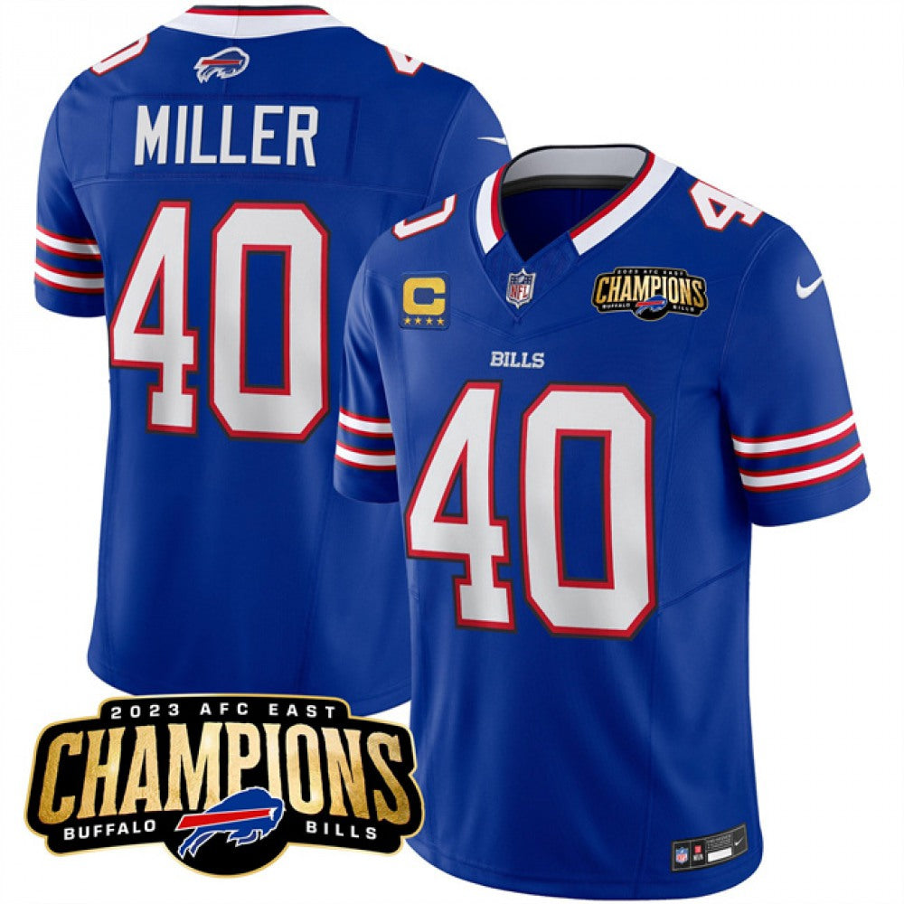 Men's Buffalo Bills #40 Von Miller Blue 2023 F.U.S.E. AFC East Champions With 4-star C Ptach Stitched Football Jersey 