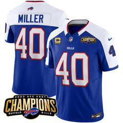Men's Buffalo Bills #40 Von Miller Blue/White 2023 F.U.S.E. AFC East Champions With 4-star C Ptach Stitched Football Jersey 