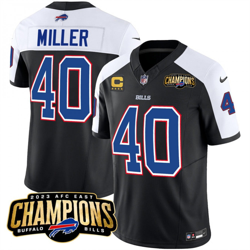 Men's Buffalo Bills #40 Von Miller Black/White 2023 F.U.S.E. AFC East Champions With 4-star C Ptach Stitched Football Jersey 
