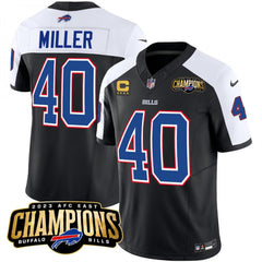 Men's Buffalo Bills #40 Von Miller Black/White 2023 F.U.S.E. AFC East Champions With 4-star C Ptach Stitched Football Jersey 
