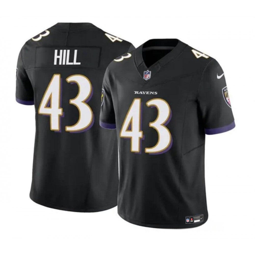 Men's Baltimore Ravens #43 Justice Hill Black 2023 F.U.S.E. Vapor Limited Football Jersey 