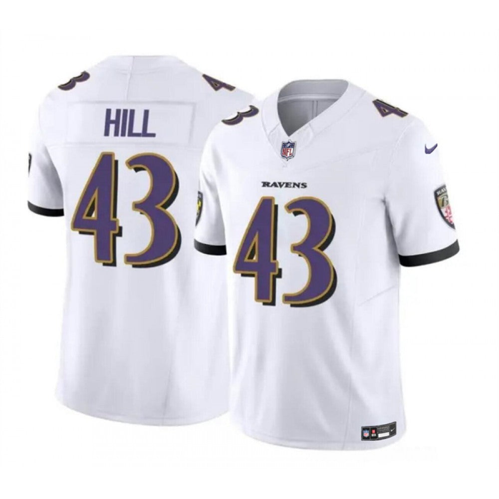 Men's Baltimore Ravens #43 Justice Hill White 2023 F.U.S.E. Vapor Limited Football Jersey 