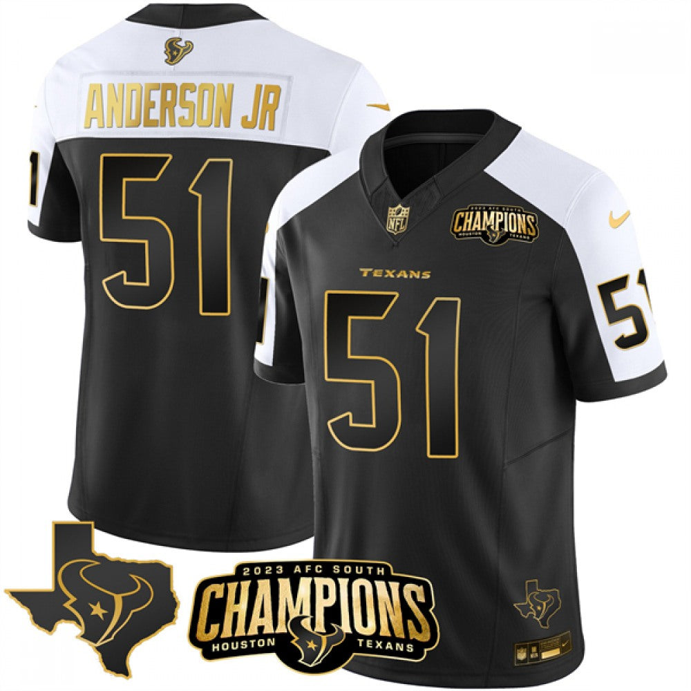 Men's Houston Texans #51 Will Anderson Jr. Black/White Golden 2023 F.U.S.E. With AFC South Champions Patch And Team Logo Patch Limited Stitched Football Jersey 