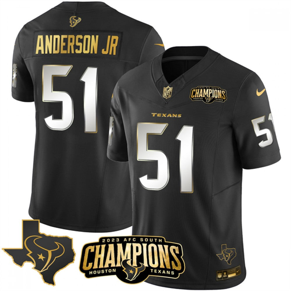 Men's Houston Texans #51 Will Anderson Jr. Black Golden 2023 F.U.S.E. With AFC South Champions Patch And Team Logo Patch Limited Stitched Football Jersey 