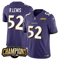 Men's Baltimore Ravens #52 Ray Lewis Purple 2023 F.U.S.E. AFC North Champions Vapor Limited Football Jersey 