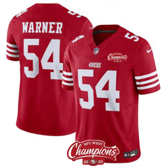Men's San Francisco 49ers #54 Fred Warner Red 2023 F.U.S.E. NFC West Champions Patch Stitched Football Jersey 