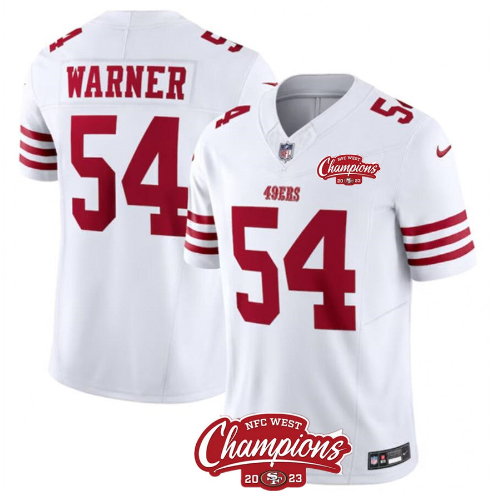 Men's San Francisco 49ers #54 Fred Warner White 2023 F.U.S.E. NFC West Champions Patch Stitched Football Jersey 