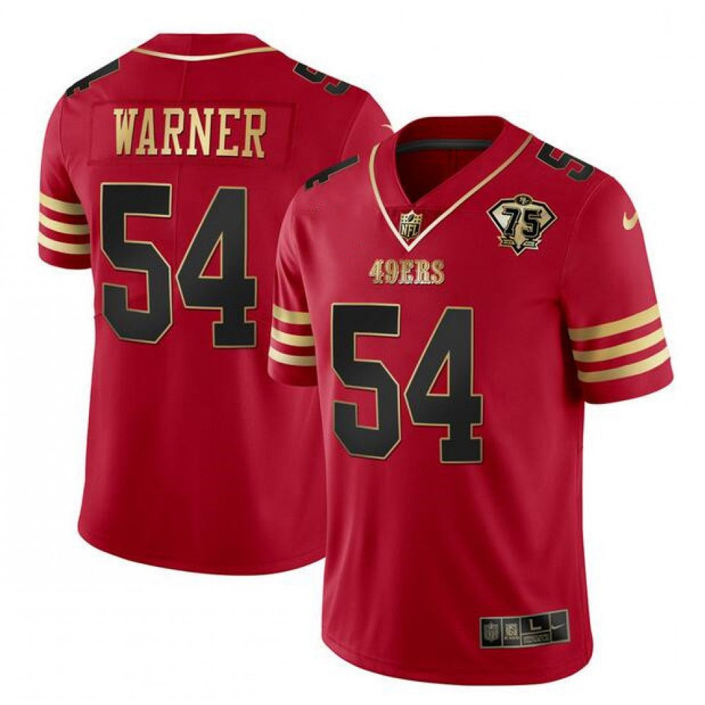 Men's San Francisco 49ers #54 Fred Warner Red Gold With 75th Anniversary Patch Stitched Jersey 
