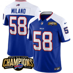 Men's Buffalo Bills #58 Matt Milano Blue/White 2023 F.U.S.E. AFC East Champions Ptach Stitched Football Jersey 