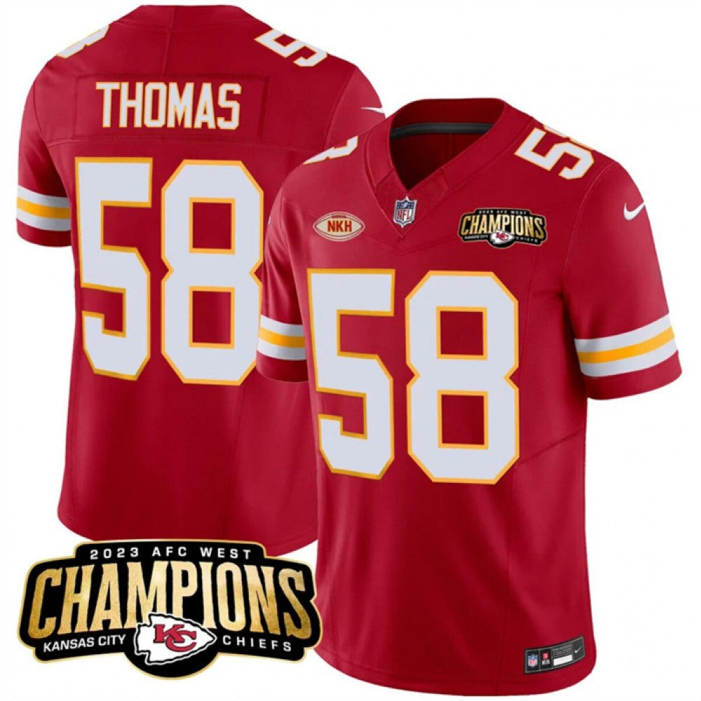 Men's Kansas City Chiefs #58 Derrick Thomas Red 2023 F.U.S.E. AFC West Champions With "NKH" Patch Vapor Untouchable Limited Stitched Jersey 