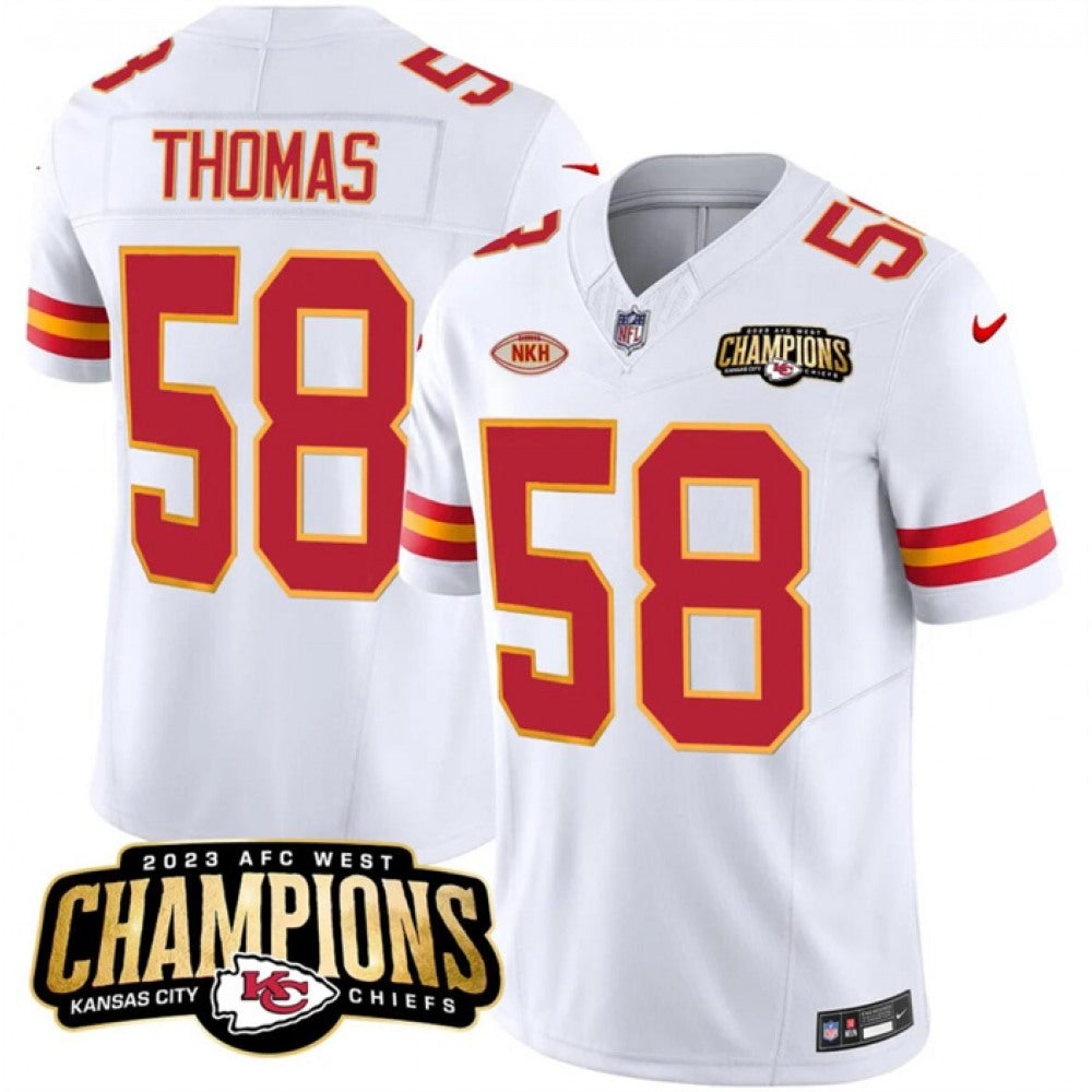 Men's Kansas City Chiefs #58 Derrick Thomas White 2023 F.U.S.E. AFC West Champions With "NKH" Patch Vapor Untouchable Limited Stitched Jersey 