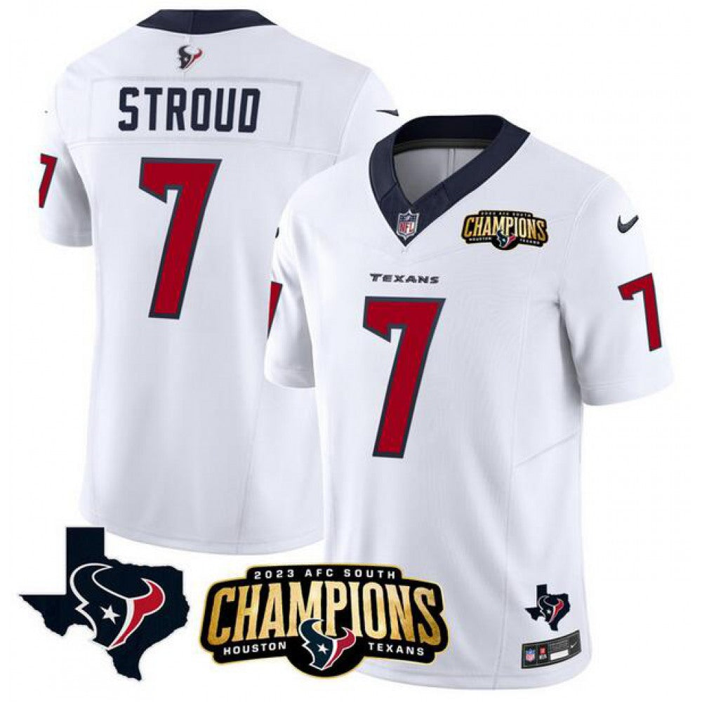 Men's Houston Texans #7 C.J. Stroud White 2023 F.U.S.E. AFC South Champions Patch And Team Logo Patch Vapor Untouchable Limited Stitched Football Jersey 