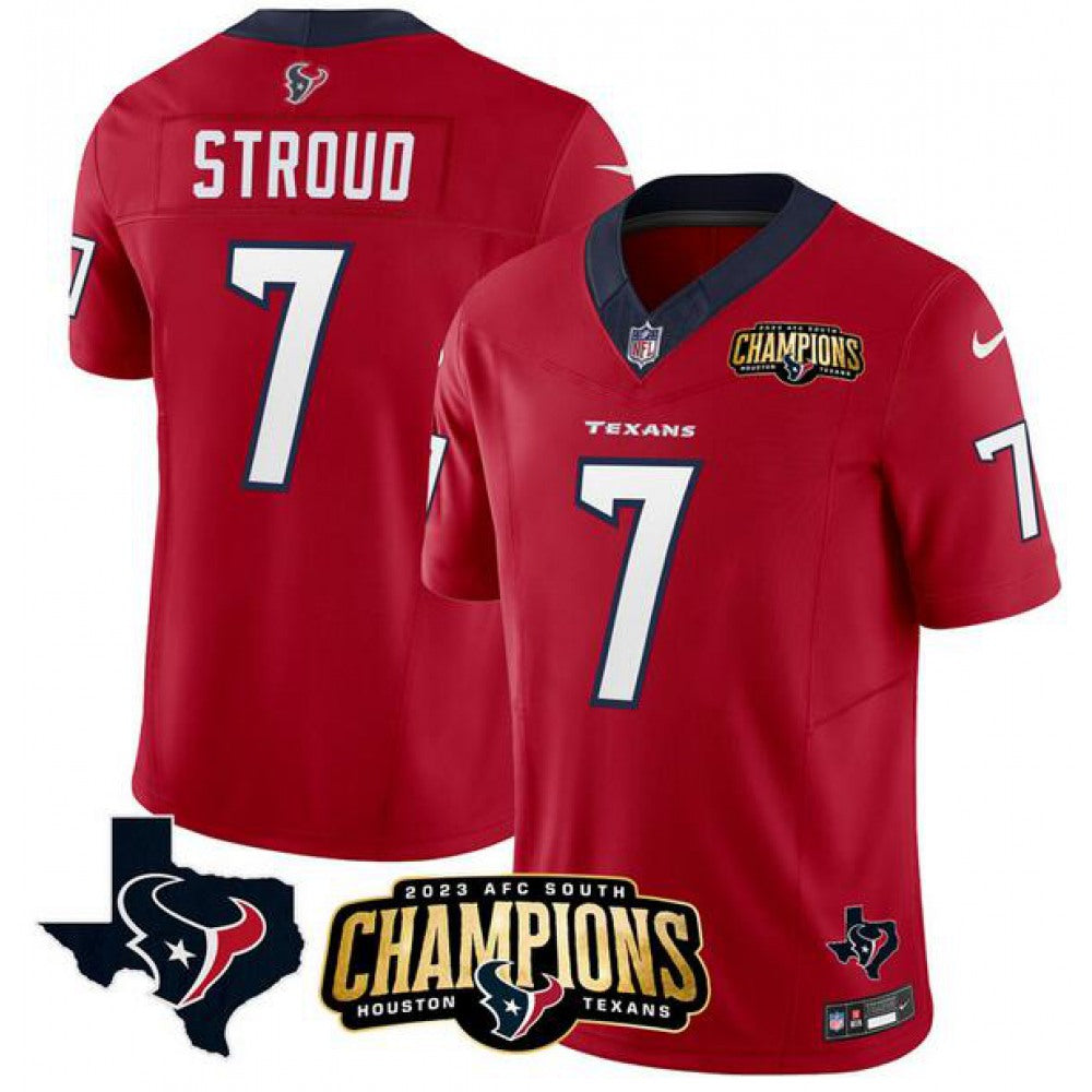 Men's Houston Texans #7 C.J. Stroud Red 2023 F.U.S.E. AFC South Champions Patch And Team Logo Patch Vapor Untouchable Limited Stitched Football Jersey 