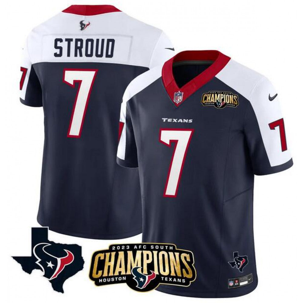 Men's Houston Texans #7 C.J. Stroud Navy/White 2023 F.U.S.E. AFC South Champions Patch And Team Logo Patch Vapor Untouchable Limited Stitched Football Jersey 