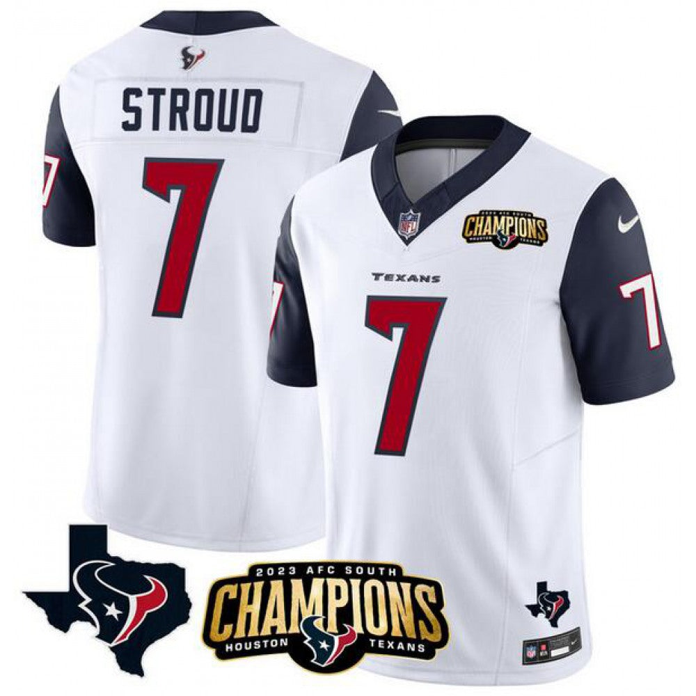 Men's Houston Texans #7 C.J. Stroud White/Navy 2023 F.U.S.E. AFC South Champions Patch And Team Logo Patch Vapor Untouchable Limited Stitched Football Jersey 