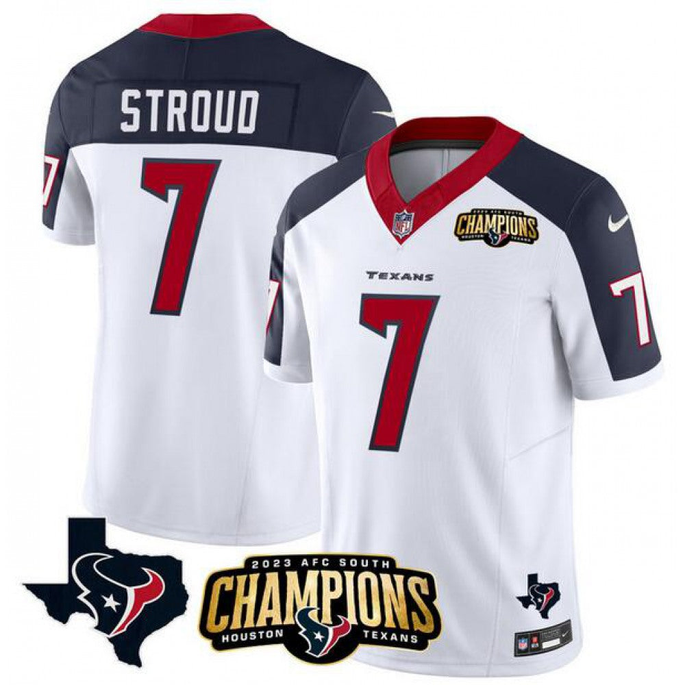Men's Houston Texans #7 C.J. Stroud White/Navy 2023 F.U.S.E. AFC South Champions Patch And Team Logo Patch Vapor Untouchable Limited Stitched Football Jersey 