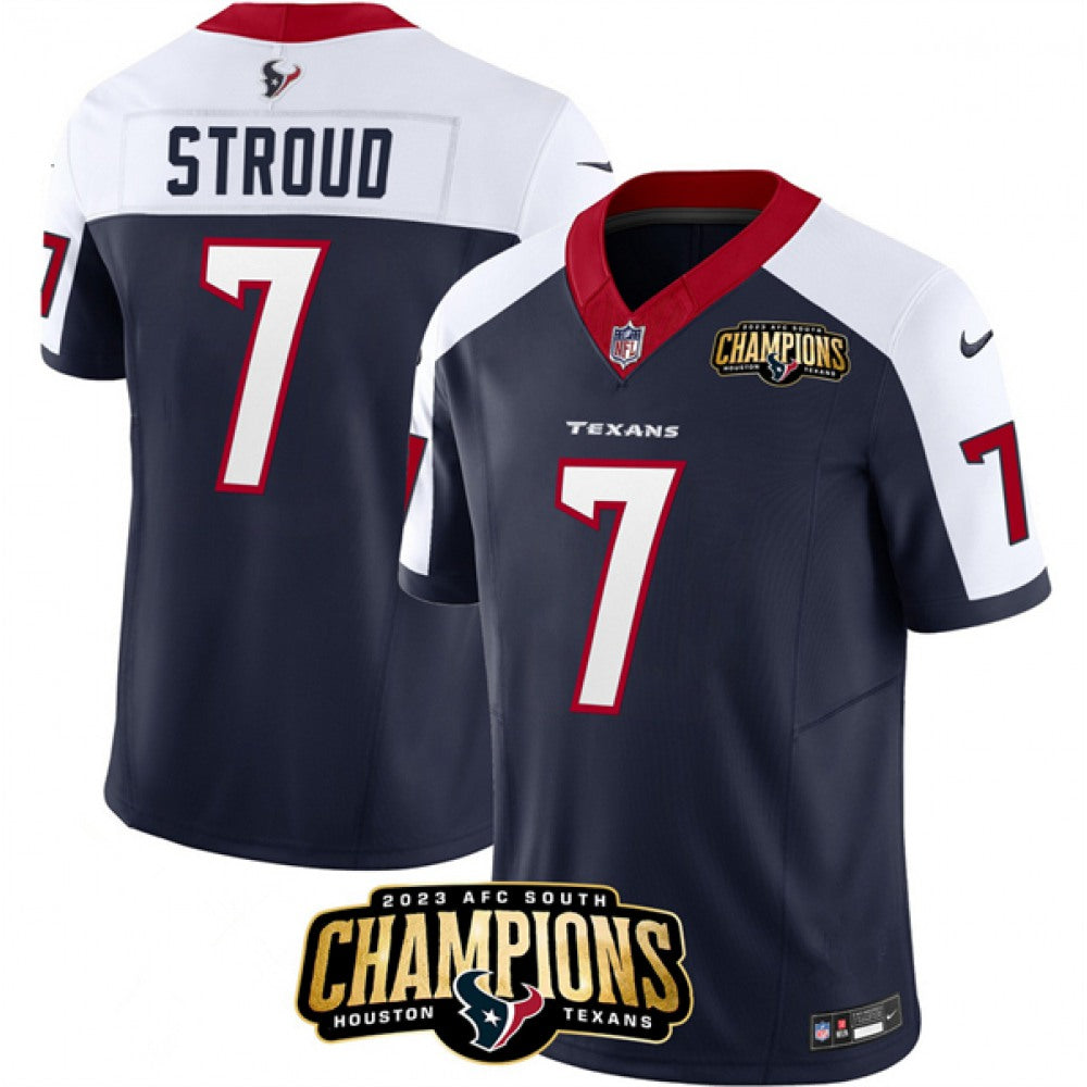 Men's Houston Texans #7 C.J. Stroud Navy/White 2023 F.U.S.E. AFC South Champions Patch Limited Stitched Football Jersey 