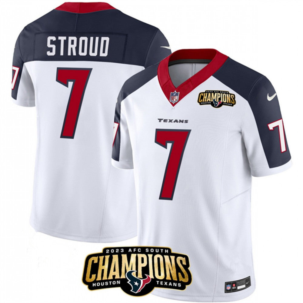 Men's Houston Texans #7 C.J. Stroud White/Navy 2023 F.U.S.E. AFC South Champions Patch Limited Stitched Football Jersey 