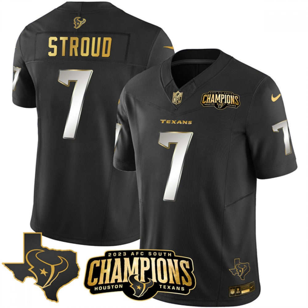 Men's Houston Texans #7 C.J. Stroud Black Golden 2023 F.U.S.E. With AFC South Champions Patch And Team Logo Patch Limited Stitched Football Jersey 
