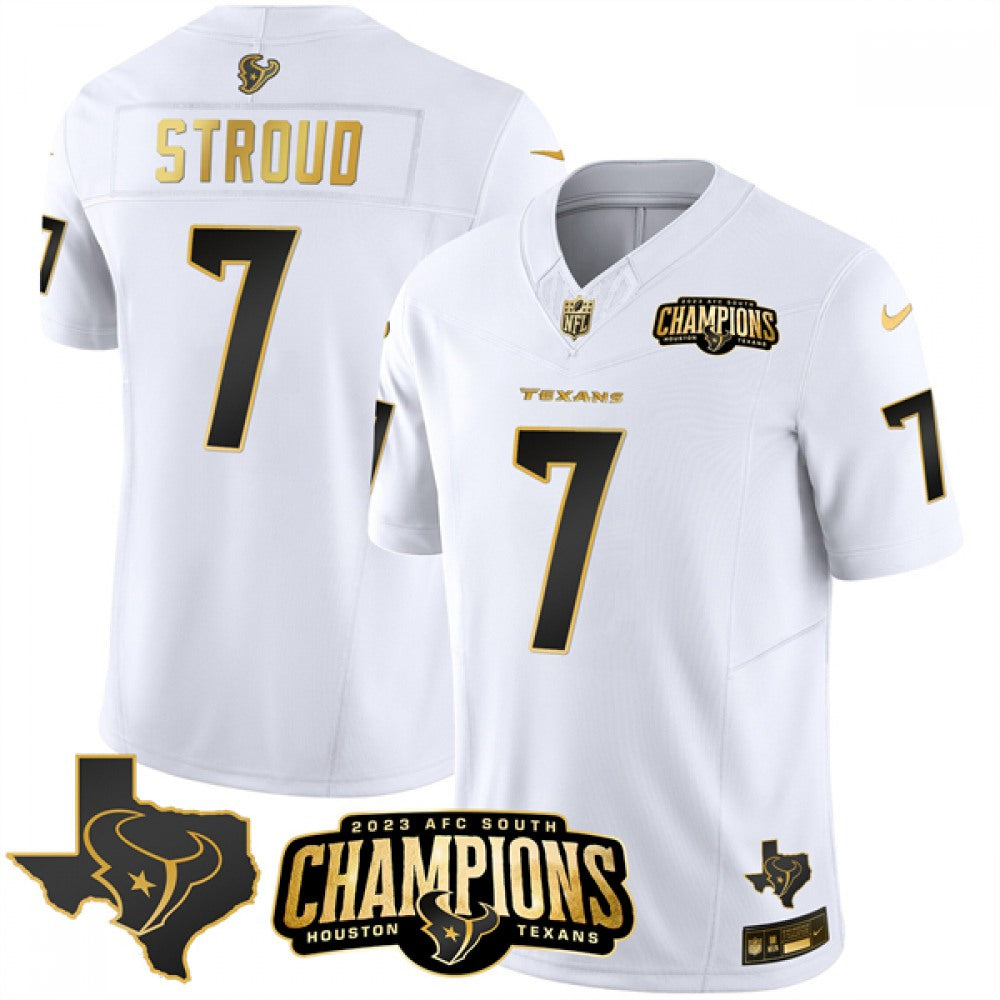 Men's Houston Texans #7 C.J. Stroud White Golden 2023 F.U.S.E. With AFC South Champions Patch And Team Logo Patch Limited Stitched Football Jersey 