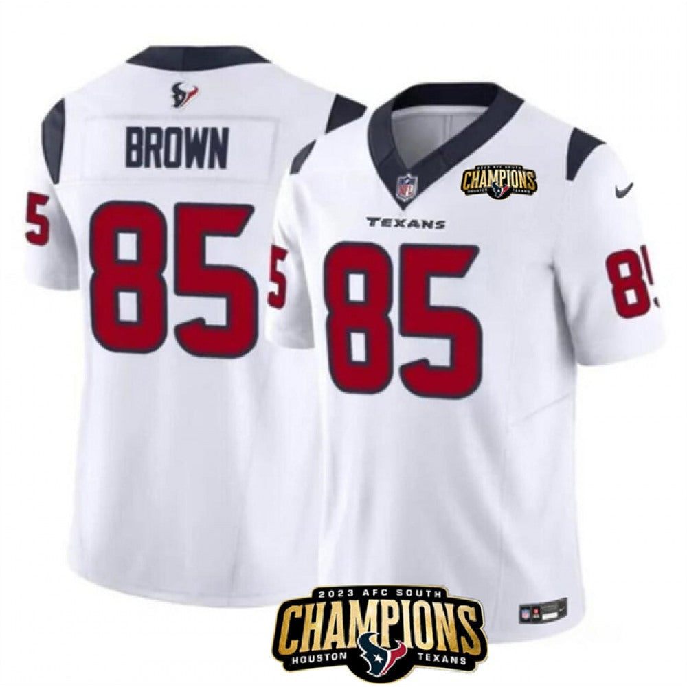 Men's Houston Texans #85 Noah Brown White 2023 F.U.S.E. AFC South Champions Patch Vapor Untouchable Limited Stitched Football Jersey 