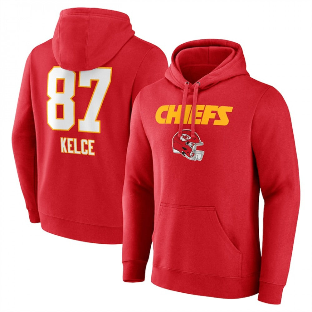 Men's Kansas City Chiefs #87 Travis Kelce Red Wordmark Player Name & Number Pullover Hoodie 