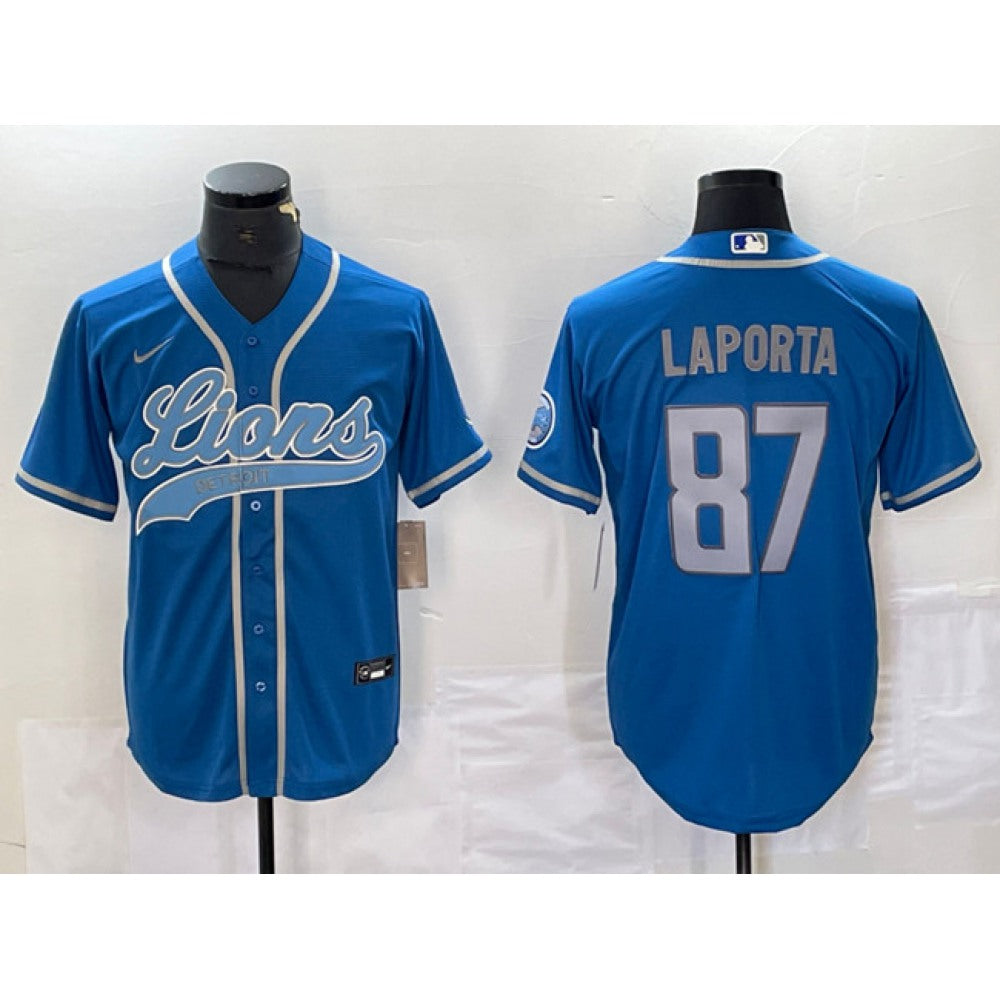Men's Detroit Lions #87 Sam LaPorta Blue Cool Base Stitched Baseball Jersey 