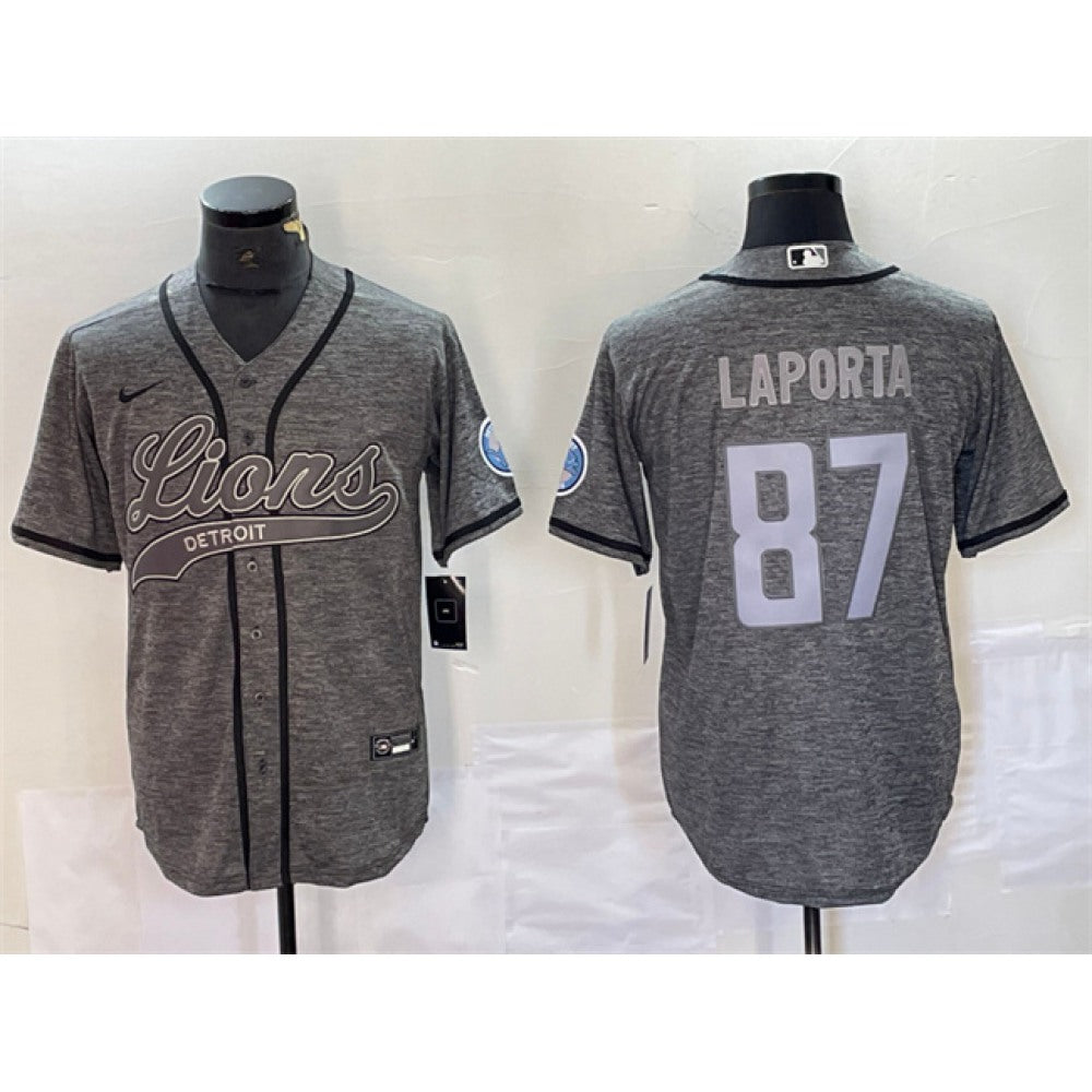 Men's Detroit Lions #87 Sam LaPorta Grey Cool Base Stitched Baseball Jersey 