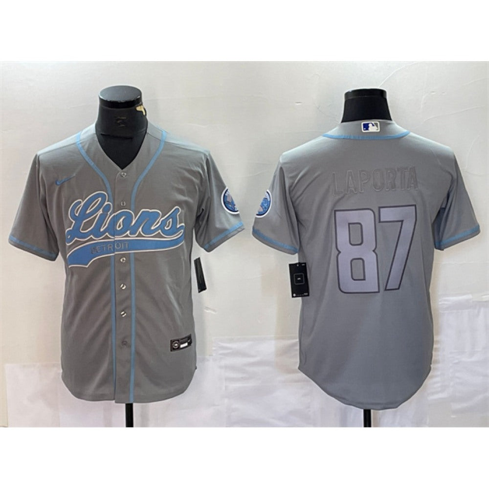Men's Detroit Lions #87 Sam LaPorta Grey Cool Base Stitched Baseball Jersey 