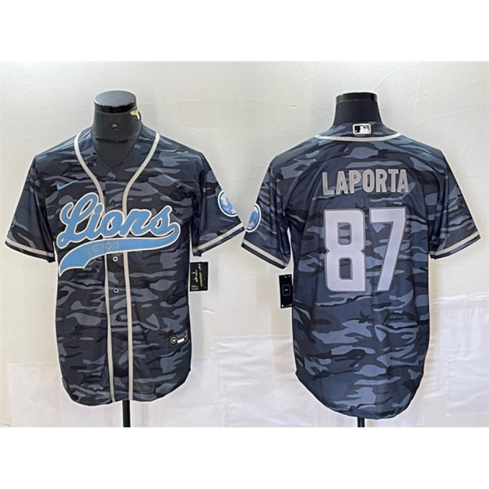 Men's Detroit Lions #87 Sam LaPorta Grey Camo Cool Base Stitched Baseball Jersey 