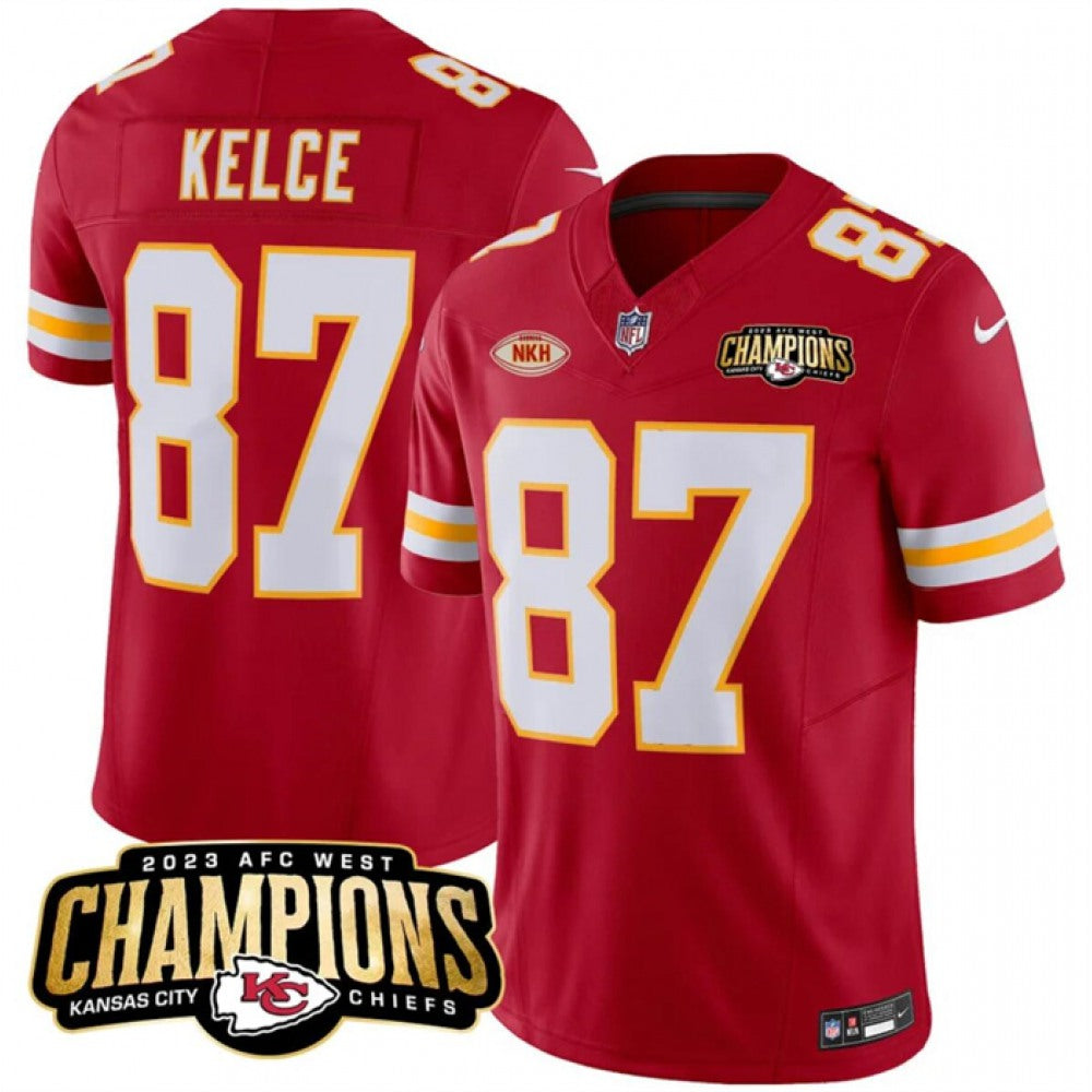Men's Kansas City Chiefs #87 Travis Kelce Red 2023 F.U.S.E. AFC West Champions With "NKH" Patch Vapor Untouchable Limited Stitched Jersey 