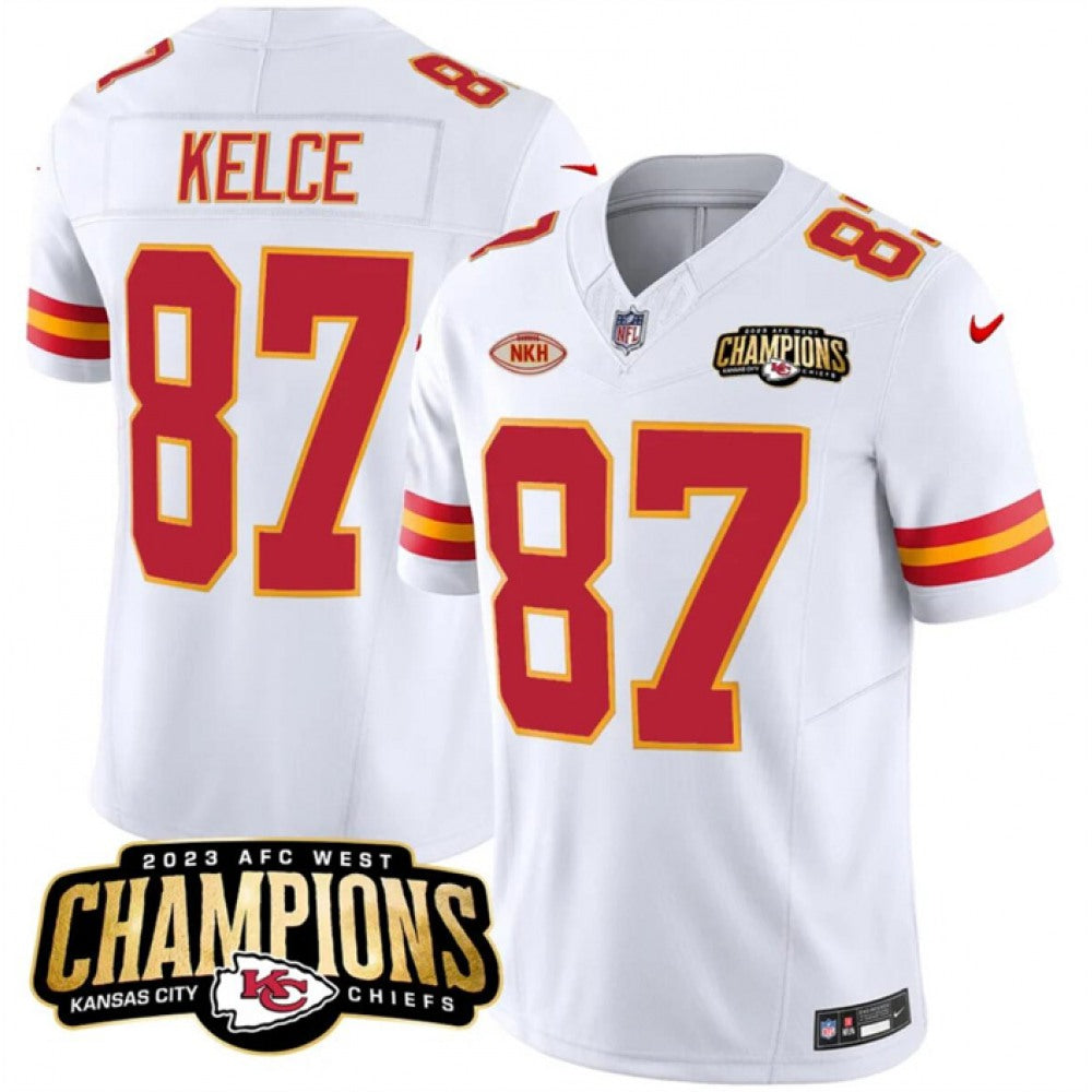 Men's Kansas City Chiefs #87 Travis Kelce White 2023 F.U.S.E. AFC West Champions With "NKH" Patch Vapor Untouchable Limited Stitched Jersey 