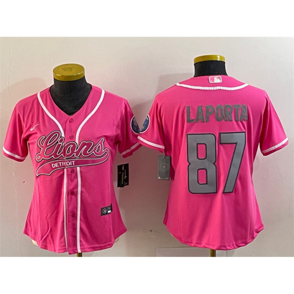 Youth Detroit Lions #87 Sam LaPorta Pink With Patch Cool Base Stitched Baseball Jersey 