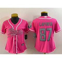 Youth Detroit Lions #87 Sam LaPorta Pink With Patch Cool Base Stitched Baseball Jersey 