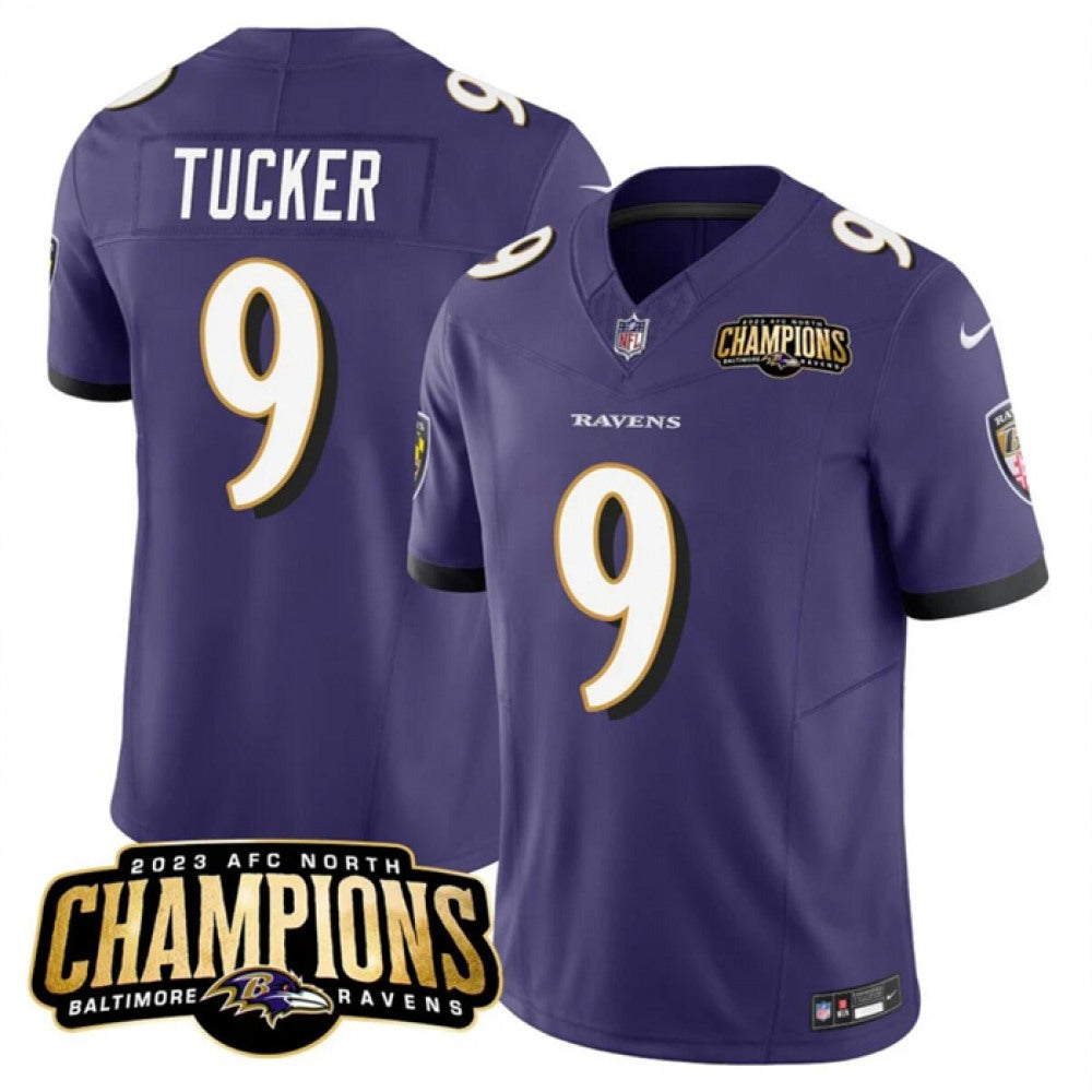 Men's Baltimore Ravens #9 Justin Tucker Purple 2023 F.U.S.E. AFC North Champions Vapor Limited Football Jersey 
