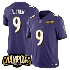 Men's Baltimore Ravens #9 Justin Tucker Purple 2023 F.U.S.E. AFC North Champions Vapor Limited Football Jersey 
