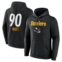 Men's Pittsburgh Steelers #90 T.J. Watt Black Team Wordmark Player Name & Number Pullover Hoodie 
