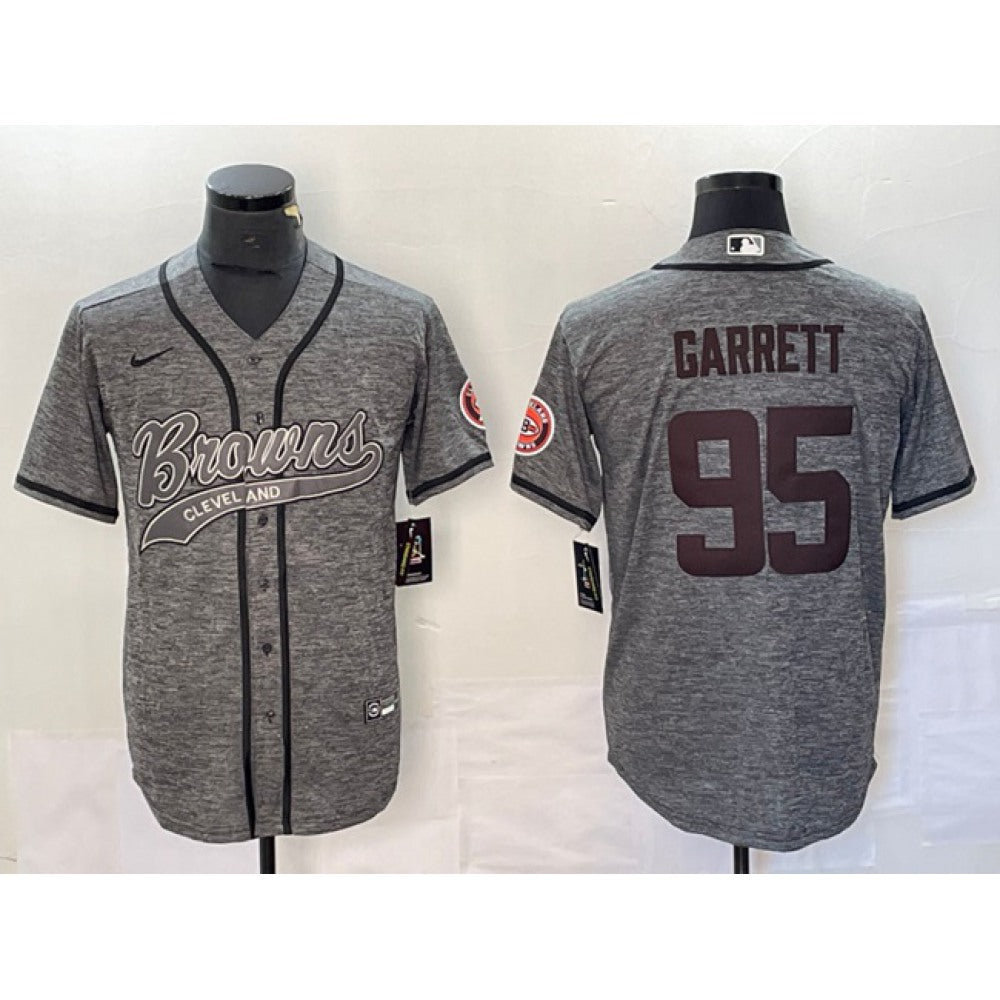 Men's Cleveland Browns #95 Myles Garrett Grey With Patch Cool Base Stitched Baseball Jersey 