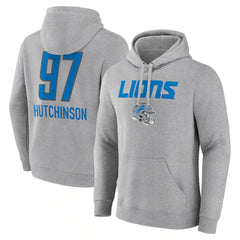 Men's Detroit Lions #97 Aidan Hutchinson Heather Gray Team Wordmark Player Name & Number Pullover Hoodie 