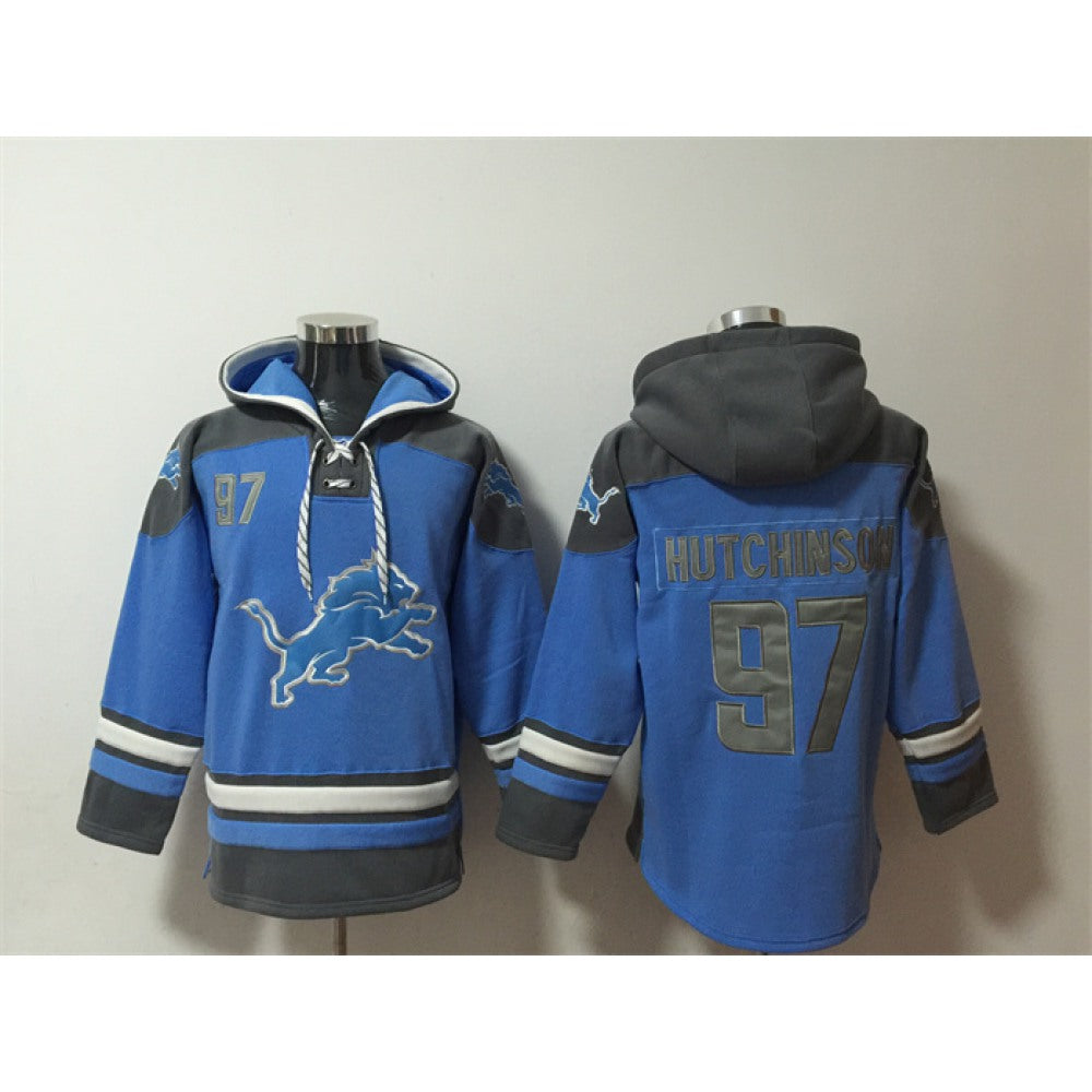 Men's Detroit Lions #97 Aidan Hutchinson Blue Ageless Must-Have Lace-Up Pullover Hoodie 