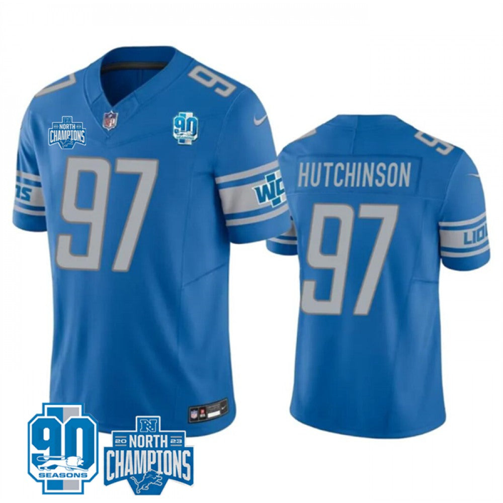 Men's Detroit Lions #97 Aidan Hutchinson Blue 2023 F.U.S.E. 90th AnniversaryNFC North Division Champions Vapor Untouchable Limited Stitched Jersey 