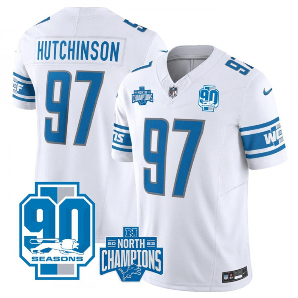 Men's Detroit Lions #97 Aidan Hutchinson White 2023 F.U.S.E. 90th Anniversary NFC North Division Champions Vapor Untouchable Limited Stitched Jersey 
