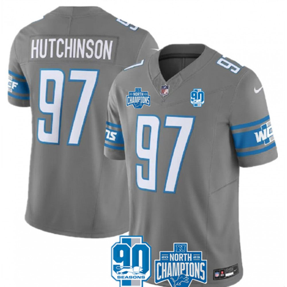Men's Detroit Lions #97 Aidan Hutchinson Grey 2023 F.U.S.E. 90th Anniversary NFC North Division Champions Vapor Untouchable Limited Stitched Jersey 