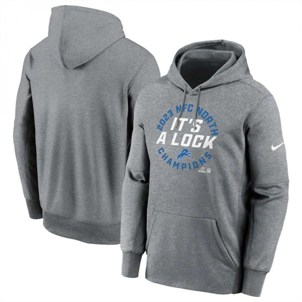 Men's Detroit Lions Heather Gray 2023 NFC North Division Champions Locker Room Trophy Collection Pullover Hoodie 