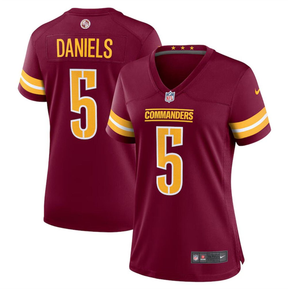 Women's Washington Commanders #5 Jayden Daniels Burgundy 2024 Draft Stitched Jersey(Run Small) 
